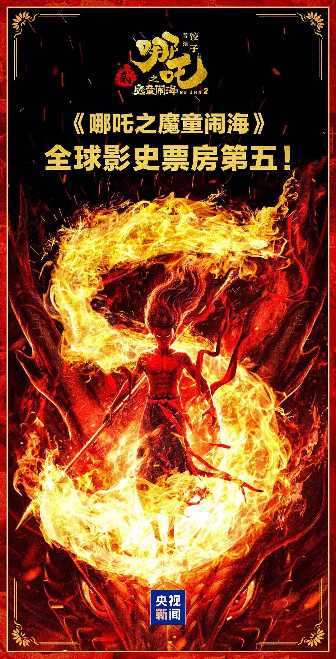 哪吒2冲上全球影史票房榜第5，国漫之光，全球瞩目