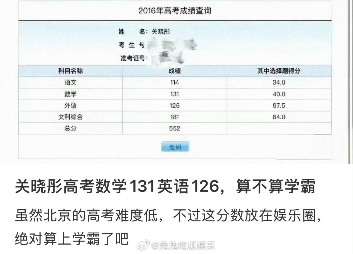 关晓彤高考前三个月冲刺复习，一举拿下552分